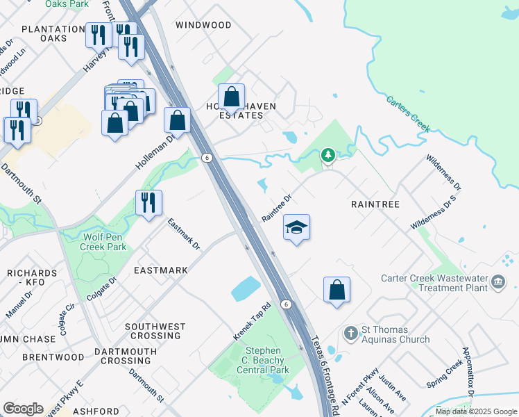 map of restaurants, bars, coffee shops, grocery stores, and more near 2201 Raintree Drive in College Station