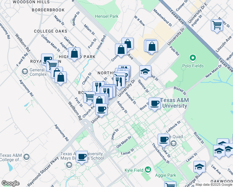 map of restaurants, bars, coffee shops, grocery stores, and more near 509 University Drive in College Station