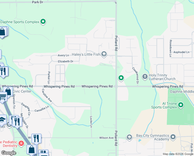map of restaurants, bars, coffee shops, grocery stores, and more near 7835 Whispering Pines Road in Daphne