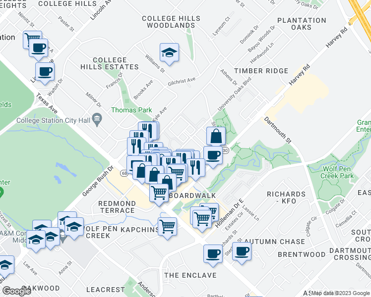 map of restaurants, bars, coffee shops, grocery stores, and more near 422 University Oaks Boulevard in College Station