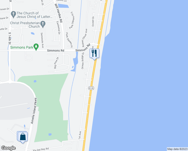 map of restaurants, bars, coffee shops, grocery stores, and more near 3350 Florida A1A in Fernandina Beach