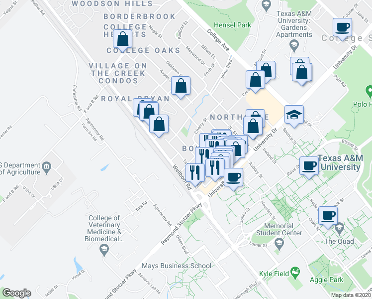 map of restaurants, bars, coffee shops, grocery stores, and more near 407 Boyett Street in College Station