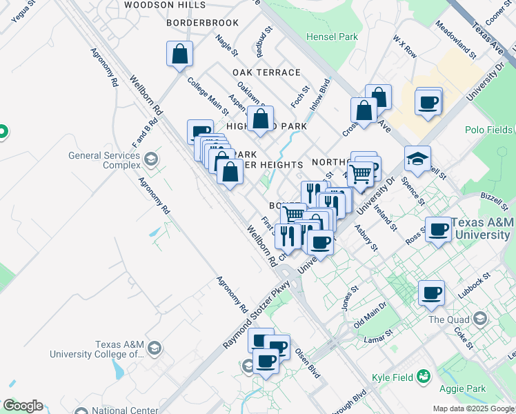 map of restaurants, bars, coffee shops, grocery stores, and more near 107 Maple Avenue in College Station
