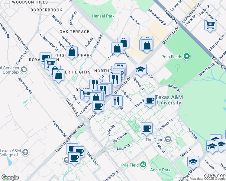 map of restaurants, bars, coffee shops, grocery stores, and more near 509 University Drive in College Station