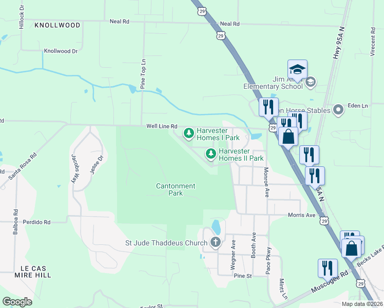 map of restaurants, bars, coffee shops, grocery stores, and more near 433 Lakeview Avenue in Cantonment