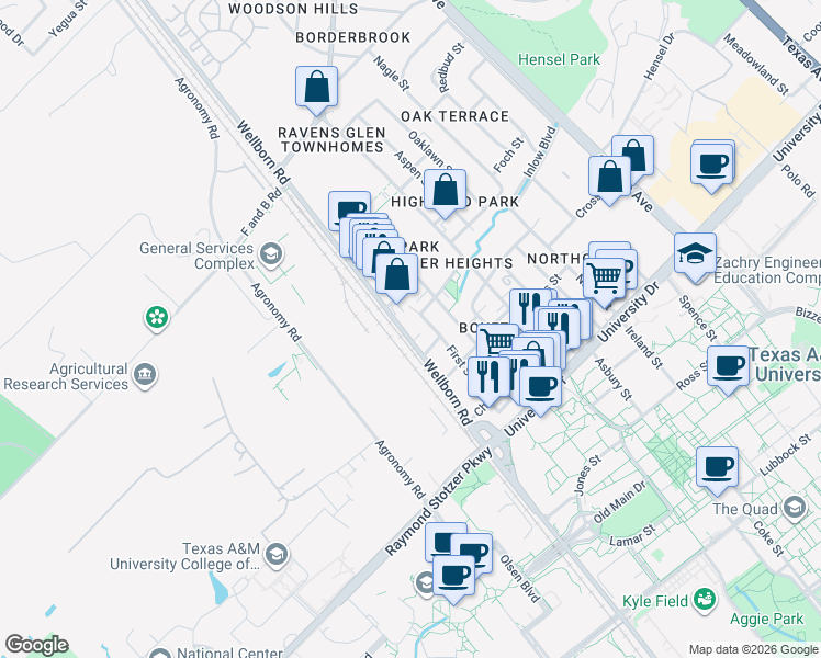 map of restaurants, bars, coffee shops, grocery stores, and more near 510 Wellborn Road in College Station