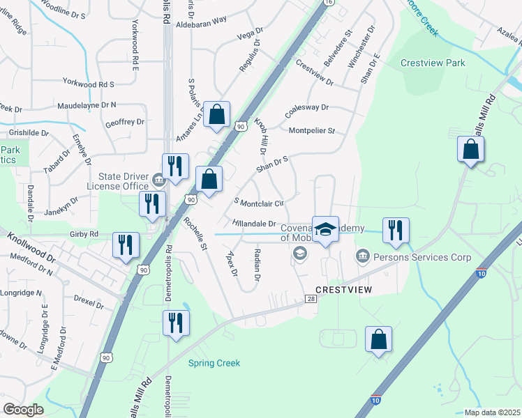 map of restaurants, bars, coffee shops, grocery stores, and more near 1560 South Montclair Circle in Mobile