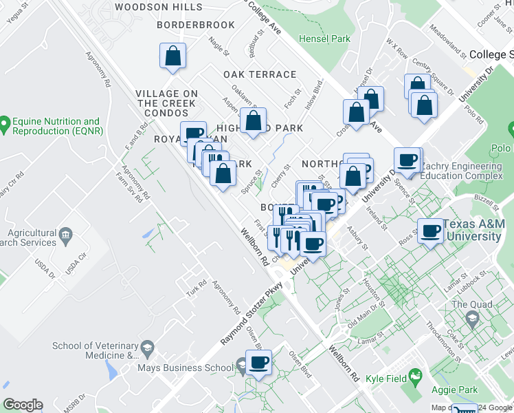 map of restaurants, bars, coffee shops, grocery stores, and more near 407 Boyett Street in College Station