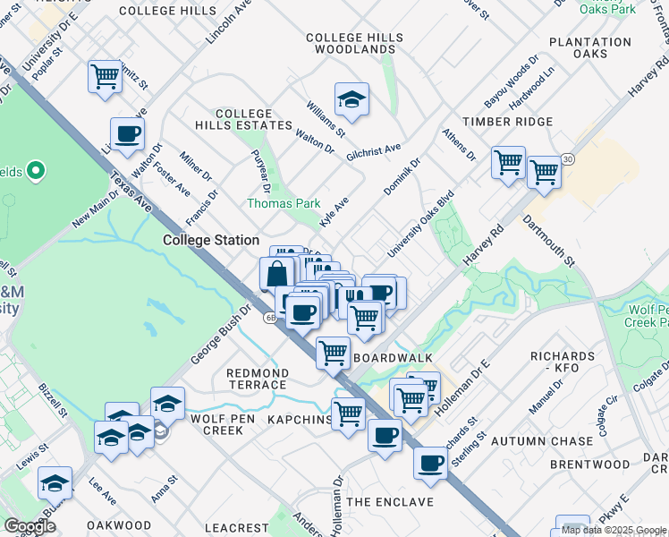 map of restaurants, bars, coffee shops, grocery stores, and more near 1516 George Bush Drive East in College Station