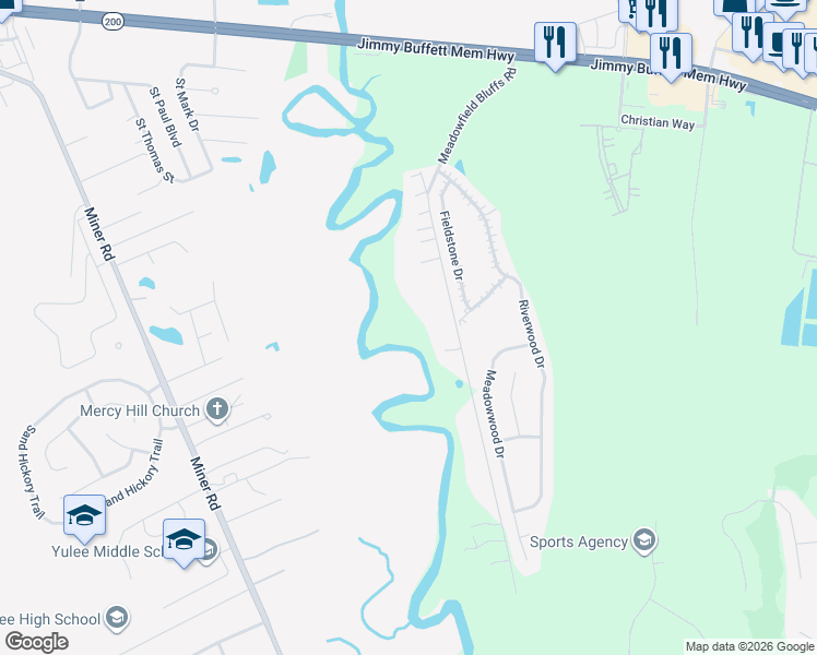 map of restaurants, bars, coffee shops, grocery stores, and more near 86333 Meadowfield Bluffs Road in Yulee