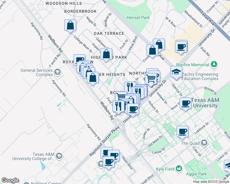 map of restaurants, bars, coffee shops, grocery stores, and more near 407 Boyett Street in College Station