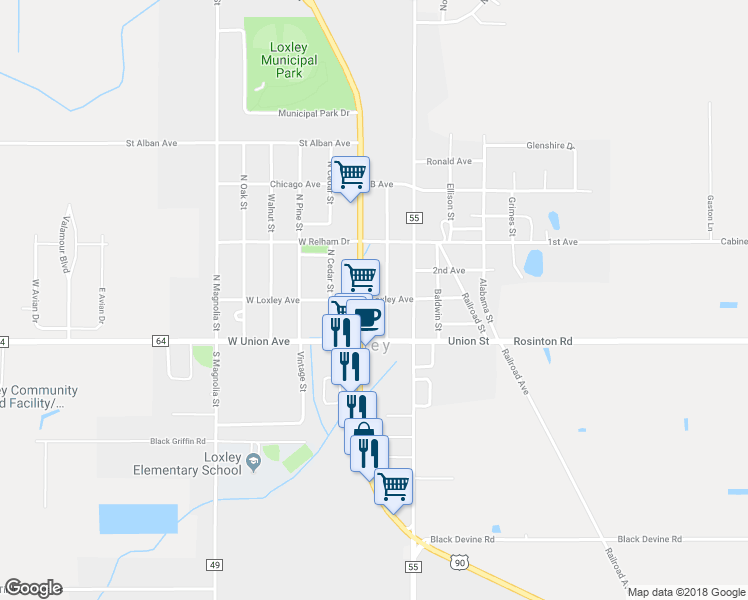 map of restaurants, bars, coffee shops, grocery stores, and more near Loxley Avenue in Loxley