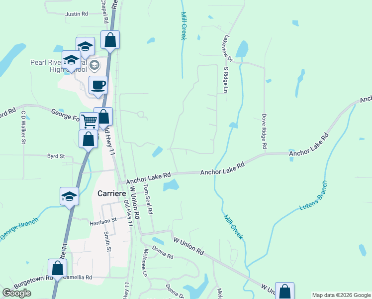 map of restaurants, bars, coffee shops, grocery stores, and more near 2 Skeet Lane in Carriere