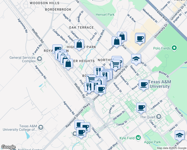 map of restaurants, bars, coffee shops, grocery stores, and more near 400-498 Boyett Street in College Station
