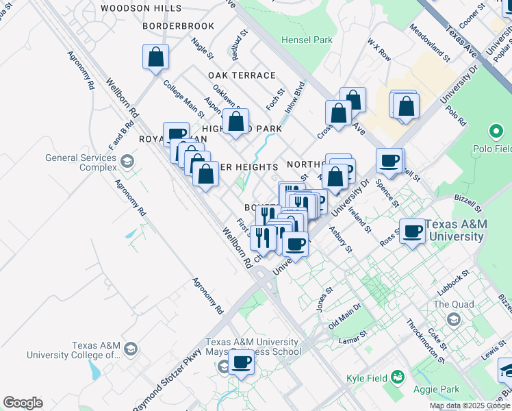 map of restaurants, bars, coffee shops, grocery stores, and more near 407 Boyett Street in College Station