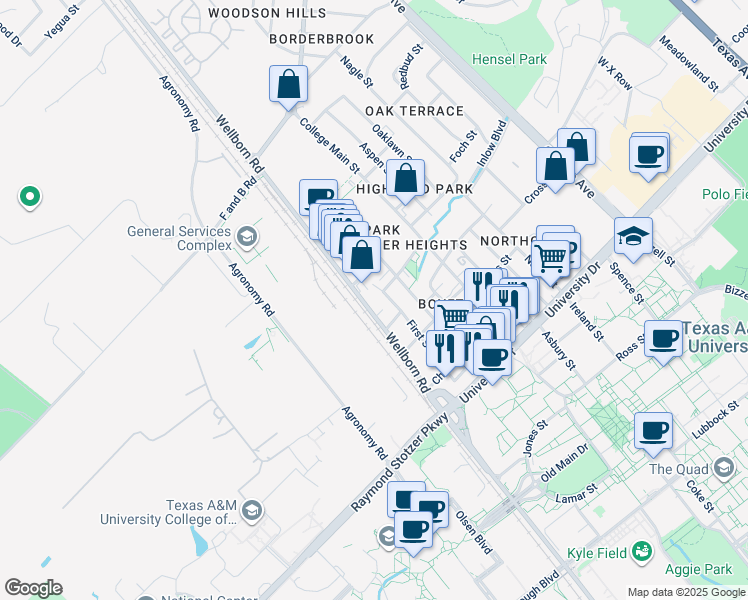 map of restaurants, bars, coffee shops, grocery stores, and more near 500 Wellborn Road in College Station