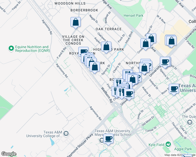 map of restaurants, bars, coffee shops, grocery stores, and more near 500 Wellborn Road in College Station