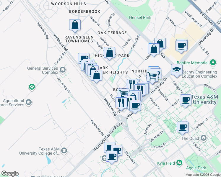 map of restaurants, bars, coffee shops, grocery stores, and more near 407 Boyett Street in College Station