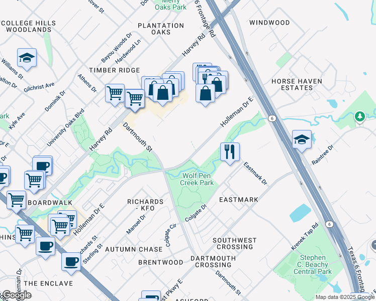 map of restaurants, bars, coffee shops, grocery stores, and more near 1001 Holleman Drive East in College Station