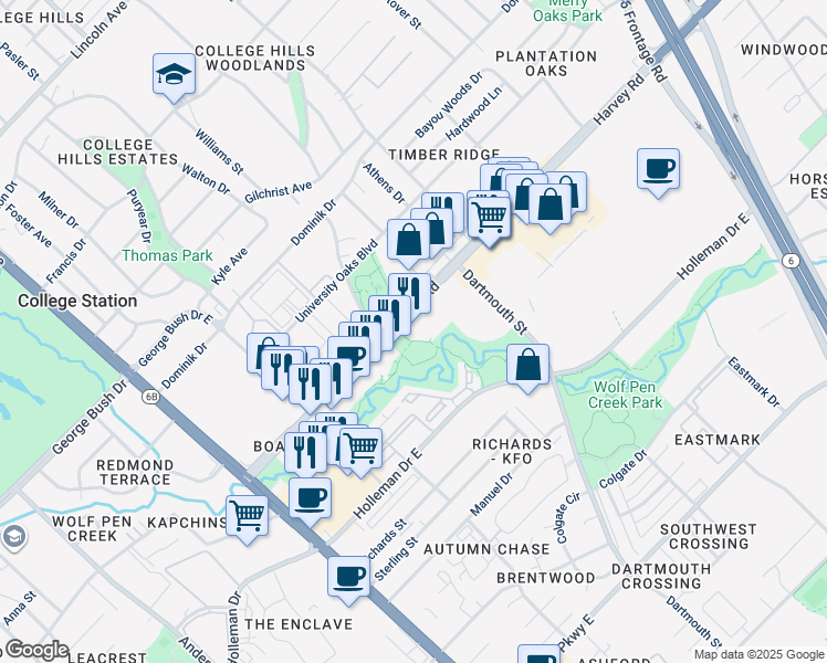 map of restaurants, bars, coffee shops, grocery stores, and more near Wolf Pen Creek Trail in College Station