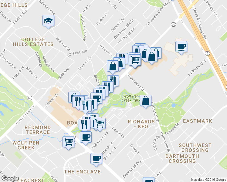 map of restaurants, bars, coffee shops, grocery stores, and more near 620 Harvey Road in College Station