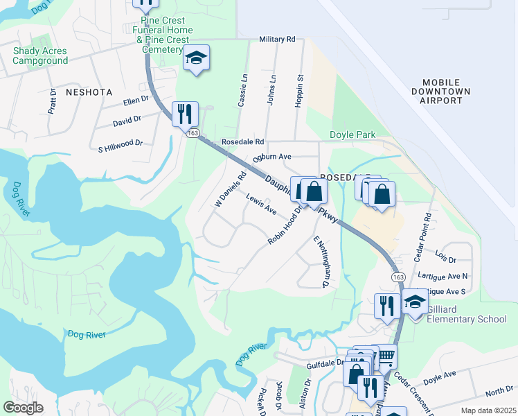 map of restaurants, bars, coffee shops, grocery stores, and more near 1871 Lewis Avenue in Mobile
