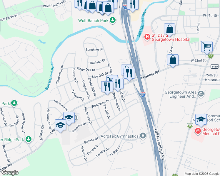 map of restaurants, bars, coffee shops, grocery stores, and more near 1200 Leander Road in Georgetown