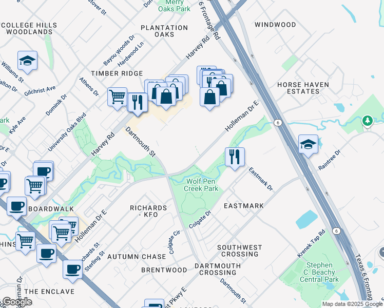 map of restaurants, bars, coffee shops, grocery stores, and more near 1001 Holleman Drive East in College Station
