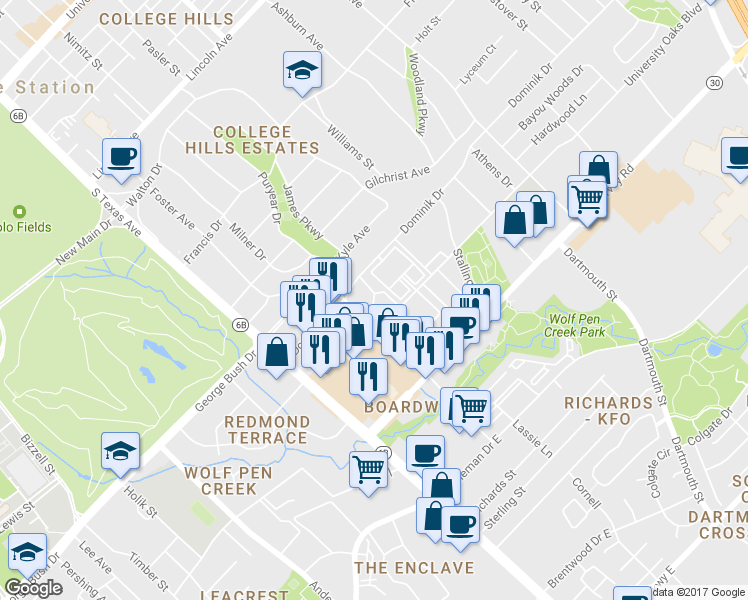 map of restaurants, bars, coffee shops, grocery stores, and more near 410 University Oaks Boulevard in College Station