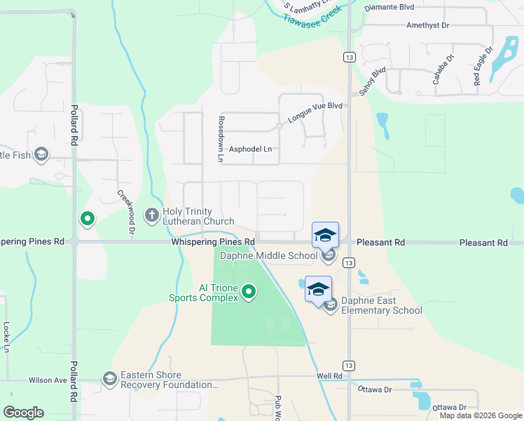 map of restaurants, bars, coffee shops, grocery stores, and more near 8764 Drifton Court in Daphne