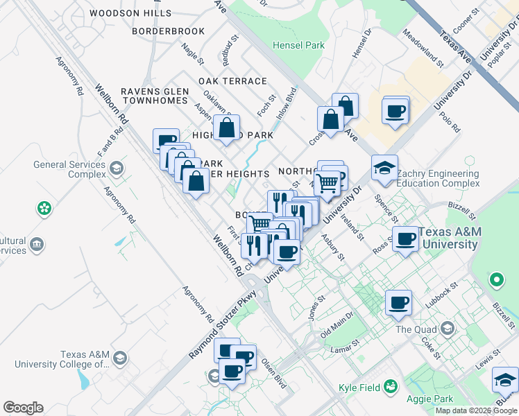 map of restaurants, bars, coffee shops, grocery stores, and more near 400-498 Boyett Street in College Station