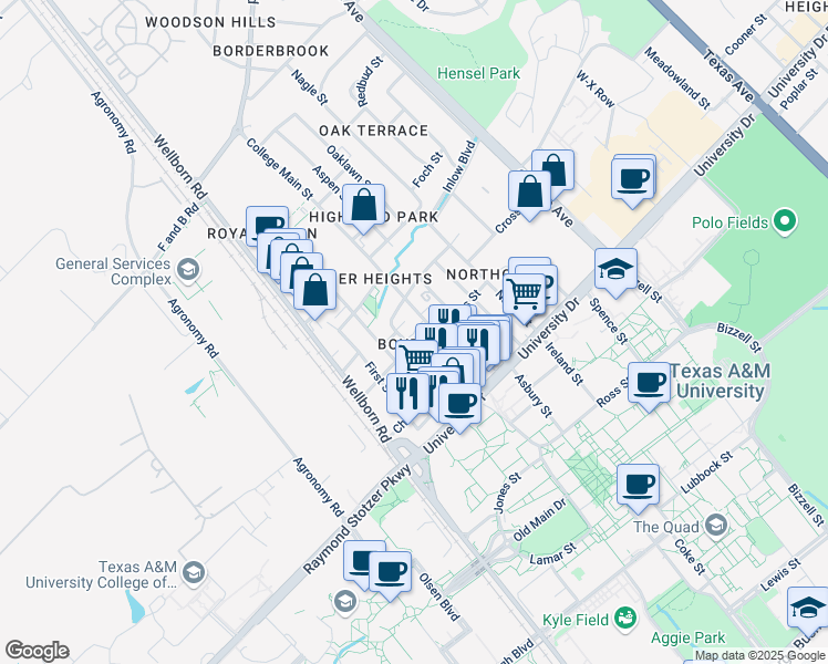 map of restaurants, bars, coffee shops, grocery stores, and more near 400-498 Boyett Street in College Station