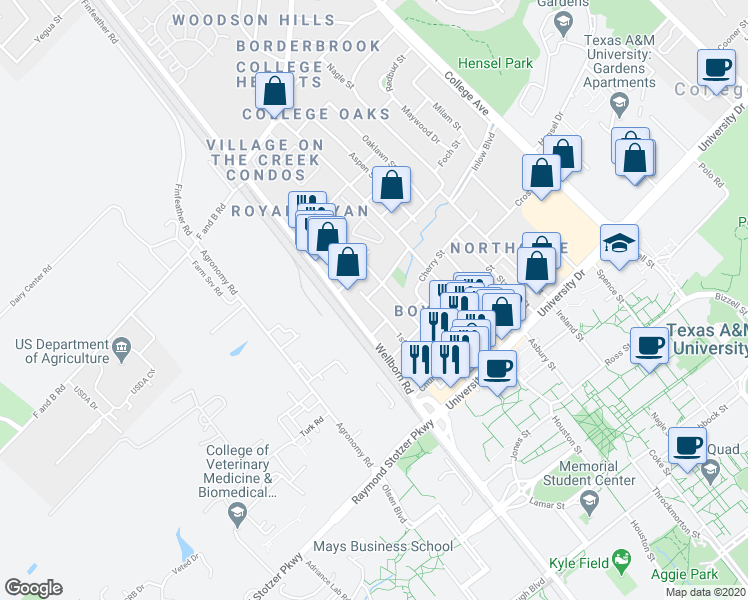 map of restaurants, bars, coffee shops, grocery stores, and more near 107 Maple Avenue in College Station