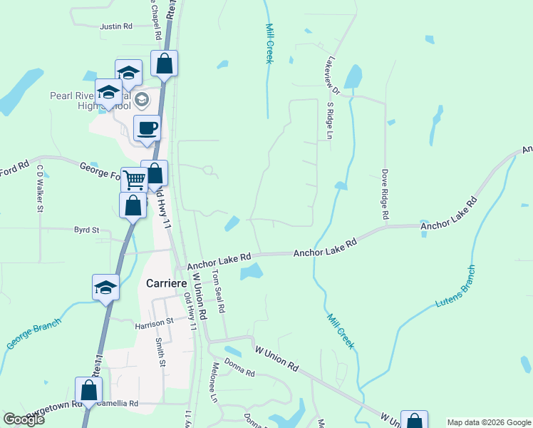 map of restaurants, bars, coffee shops, grocery stores, and more near 2-8 Skeet Lane in Carriere