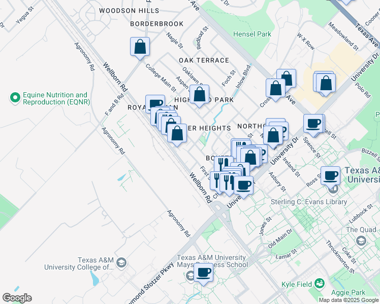 map of restaurants, bars, coffee shops, grocery stores, and more near 512 1st Street in College Station