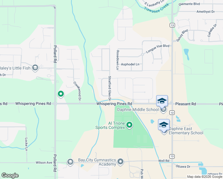 map of restaurants, bars, coffee shops, grocery stores, and more near 27042 Stratford Glen Dr in Daphne