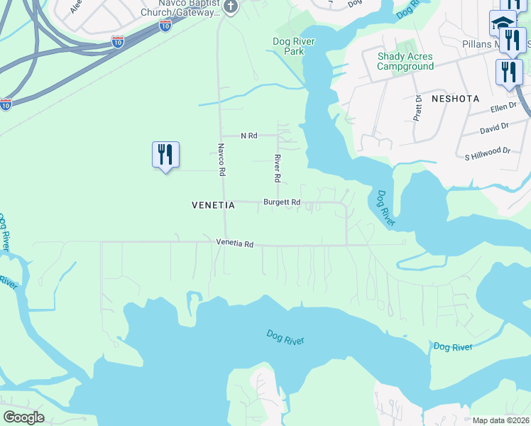 map of restaurants, bars, coffee shops, grocery stores, and more near 2362 Burgett Road in Mobile