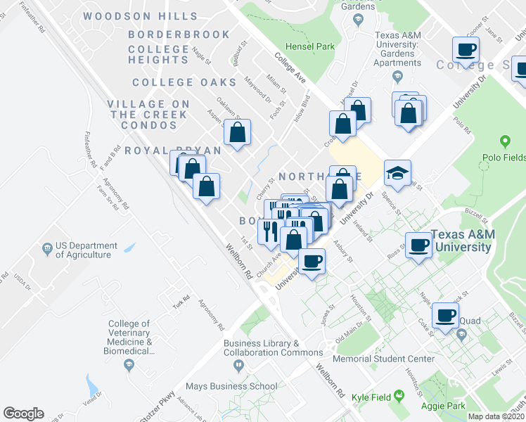 map of restaurants, bars, coffee shops, grocery stores, and more near 410 College Main in College Station