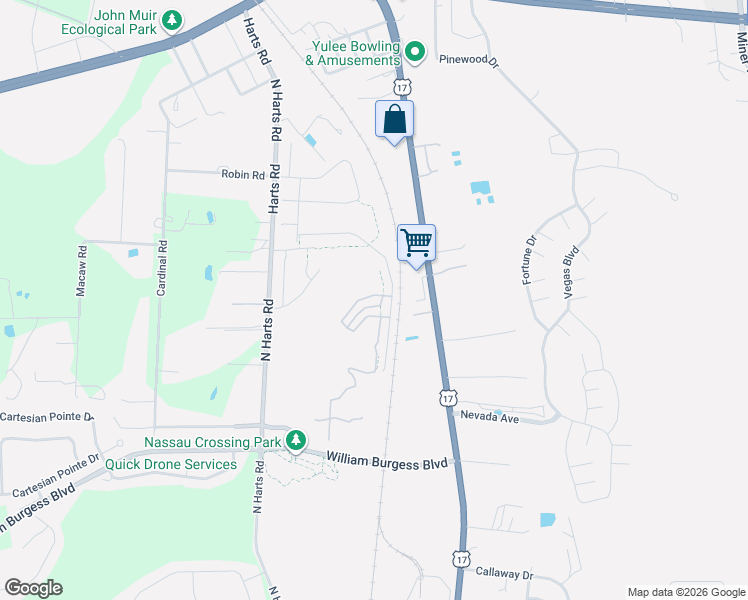 map of restaurants, bars, coffee shops, grocery stores, and more near 86440 Shortline Circle in Yulee