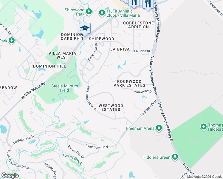 map of restaurants, bars, coffee shops, grocery stores, and more near 2105 Rockwood Circle in Bryan