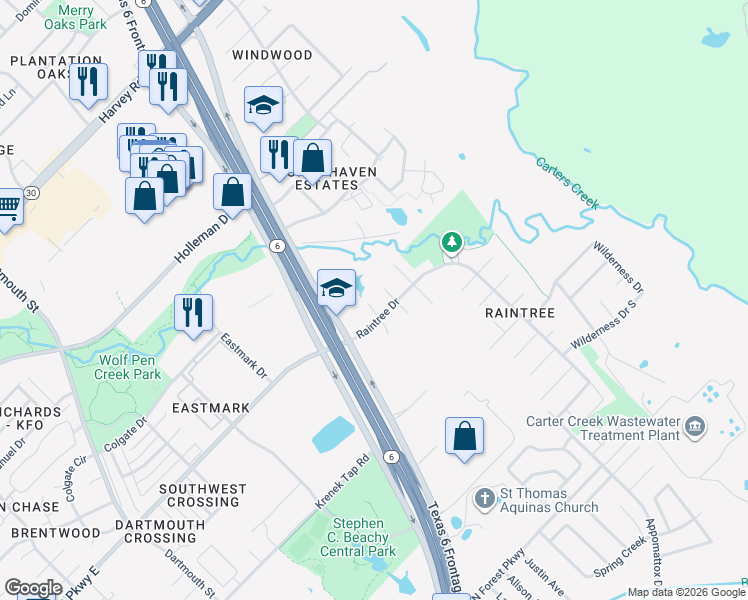 map of restaurants, bars, coffee shops, grocery stores, and more near 7700 Gettysburg Ct in College Station