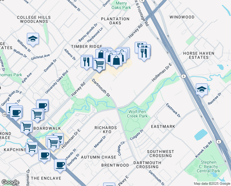 map of restaurants, bars, coffee shops, grocery stores, and more near 1907 Dartmouth Street in College Station