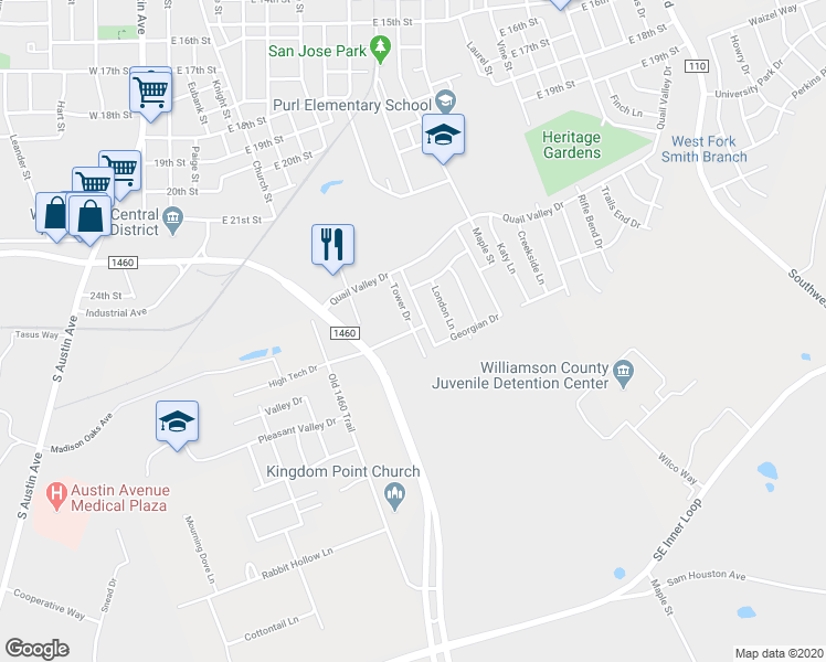 map of restaurants, bars, coffee shops, grocery stores, and more near 2200 Tower Drive in Georgetown