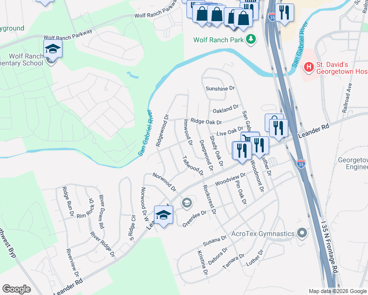 map of restaurants, bars, coffee shops, grocery stores, and more near 402 Greenwood Drive in Georgetown