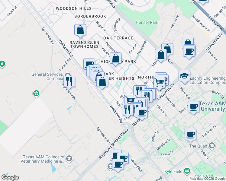 map of restaurants, bars, coffee shops, grocery stores, and more near 601 Boyett Street in College Station