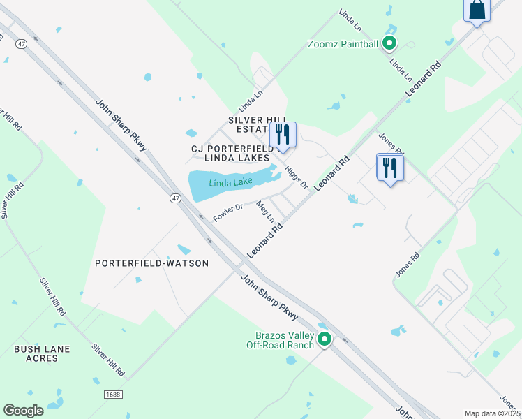 map of restaurants, bars, coffee shops, grocery stores, and more near 5696 Meg Lane in Bryan