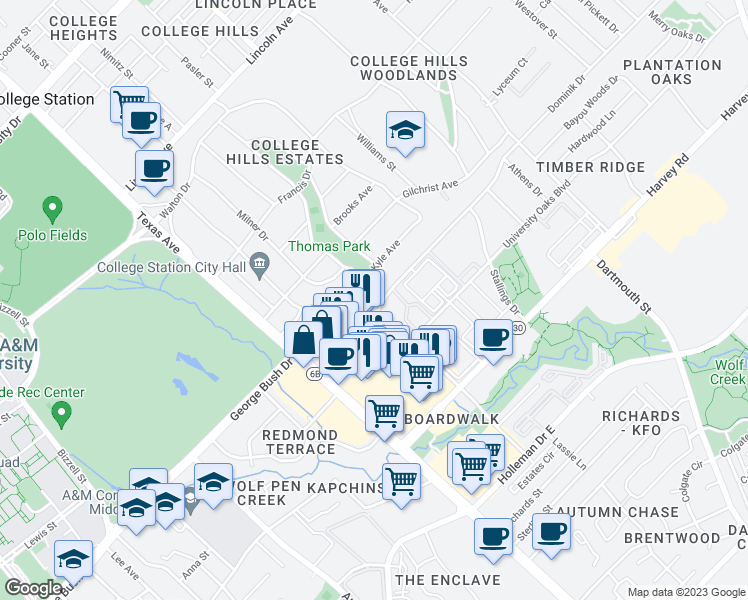 map of restaurants, bars, coffee shops, grocery stores, and more near 355 George Bush Drive East in College Station