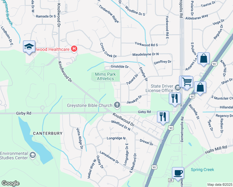 map of restaurants, bars, coffee shops, grocery stores, and more near 3413 Dandale Drive in Mobile