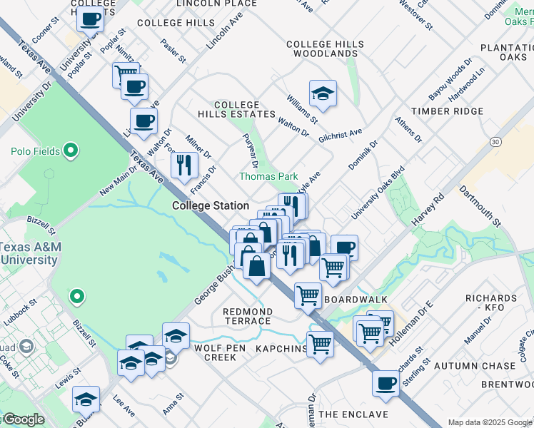 map of restaurants, bars, coffee shops, grocery stores, and more near 1306 Milner Drive in College Station