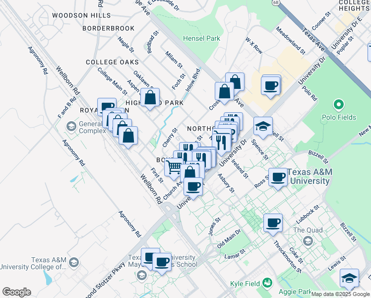 map of restaurants, bars, coffee shops, grocery stores, and more near 400 Tauber Street in College Station